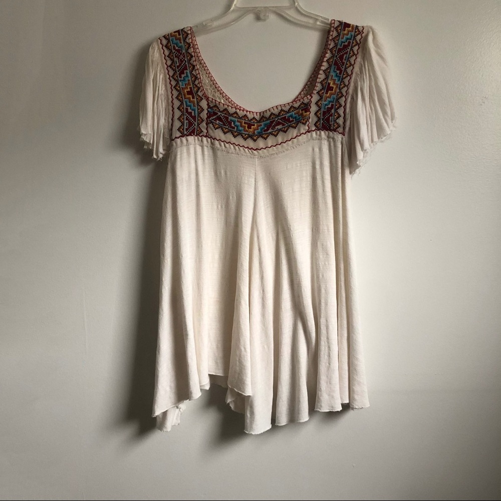 Free People Square Neck Embroidered Peasant Top